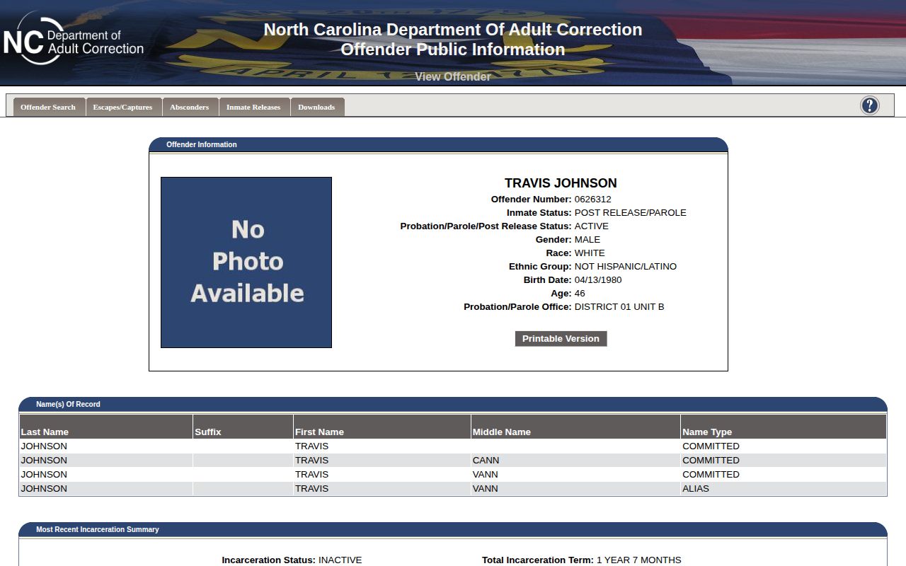 NCDAC released Pasquotank state prisoner record with active supervision